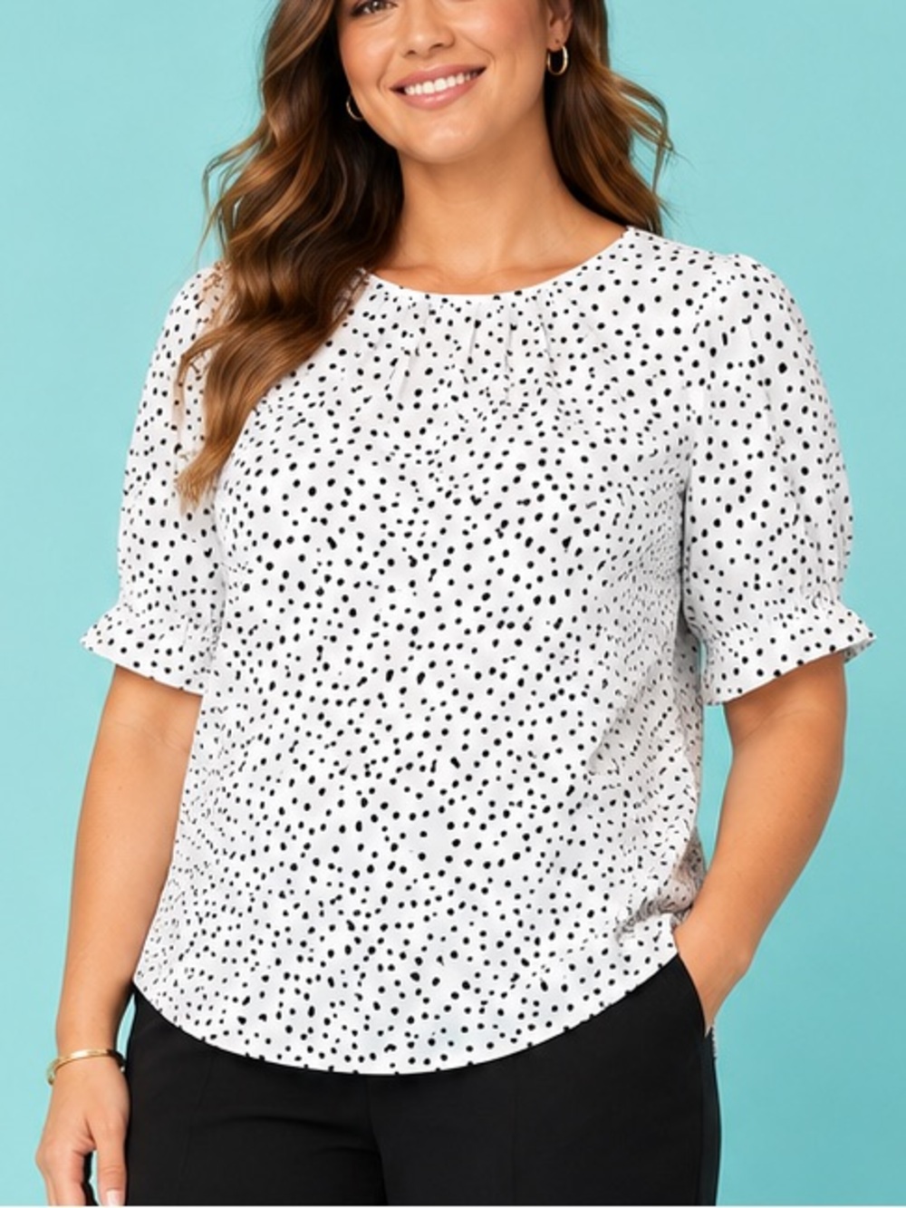 Ann Taylor White & Black Polka Dot Puff Sleeve Blouse Size Large